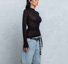 Load image into Gallery viewer, Sheer Mock Neck Long Sleeve Ruched Top