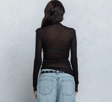 Load image into Gallery viewer, Sheer Mock Neck Long Sleeve Ruched Top