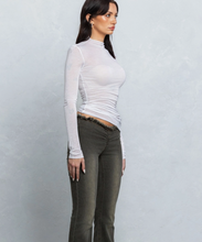 Load image into Gallery viewer, Sheer Mock Neck Long Sleeve Ruched Top